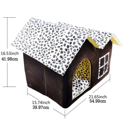Cozy pet house with a playful polka dot roof, measuring 16.53" tall and 21.65" wide, perfect for small pets.