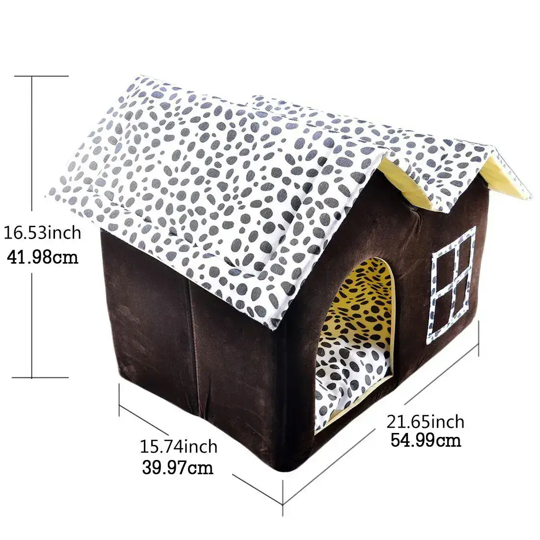 Cozy pet house with a soft polka dot roof, featuring a removable cushion and spacious entrance for small dogs and cats.
