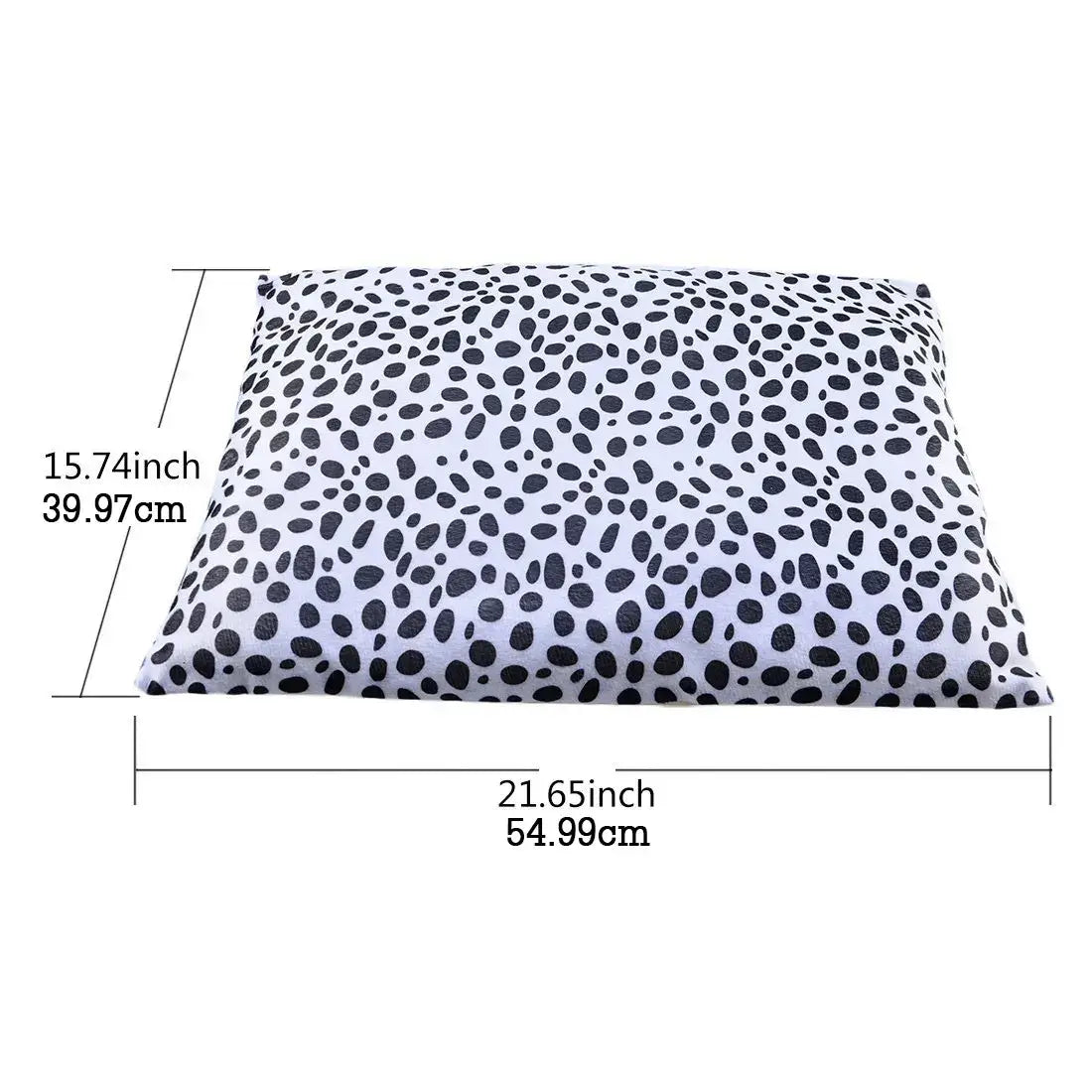 Soft, removable pet bed cushion with a stylish black and white polka dot design, measuring 21.65 x 15.74 inches.
