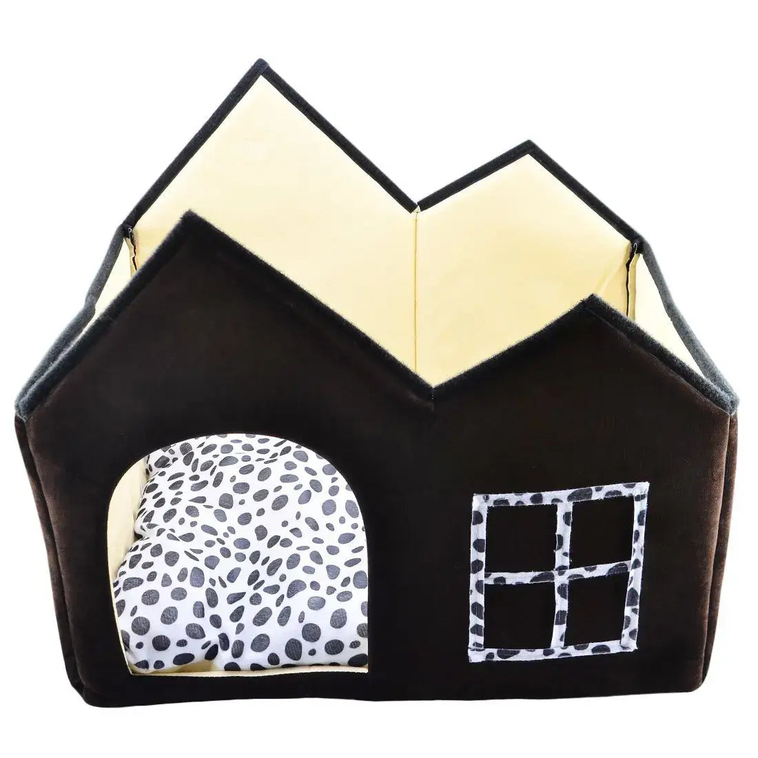Cozy pet bed shaped like a house with a polka dot cushion, perfect for small dogs and cats. Soft and stylish design.