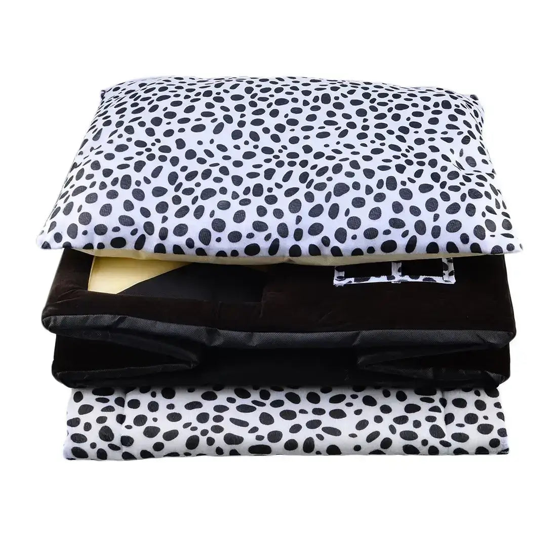 Cozy stacked pet beds with stylish black and white spotted design for dogs and cats, featuring removable cushions.