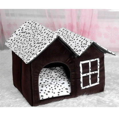 Cozy pet house with a polka dot roof and soft interior, perfect for small dogs and cats to relax in.