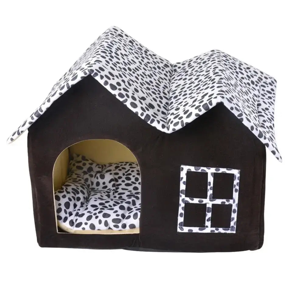Cozy pet house bed with removable cushion, designed for dogs and cats, featuring a stylish black and white pattern.