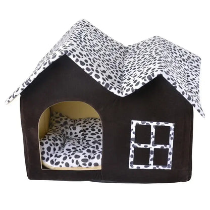 Cozy pet house bed with removable cushion, designed for dogs and cats, featuring a stylish black and white pattern.